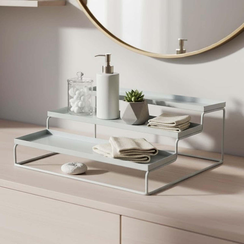GoHooked white 3-tier step standing rack for kitchen or bathroom storage. Made of powder-coated iron.