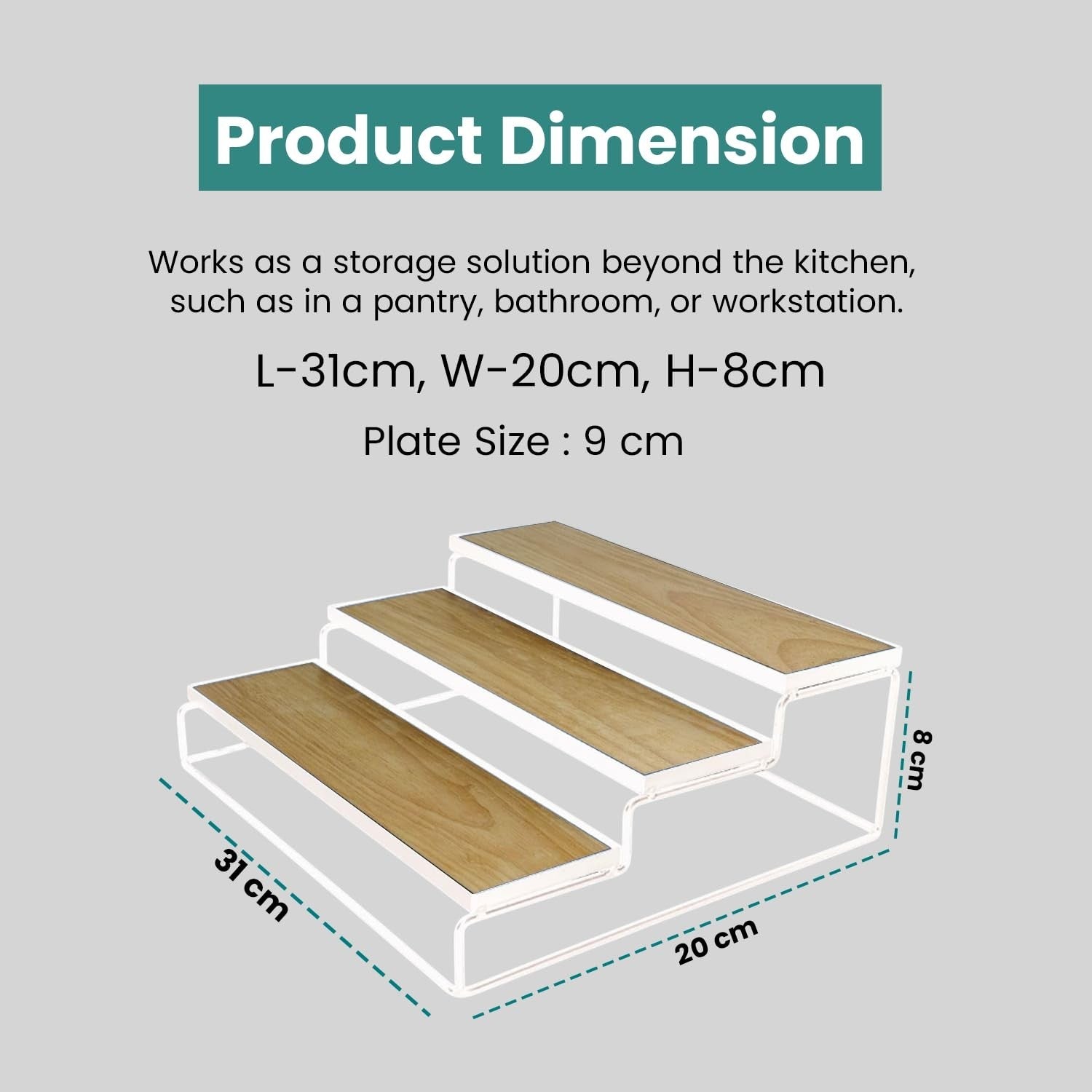 GoHooked white 3-tier iron countertop storage rack with wood-look shelves, 31cm wide, 8cm high.