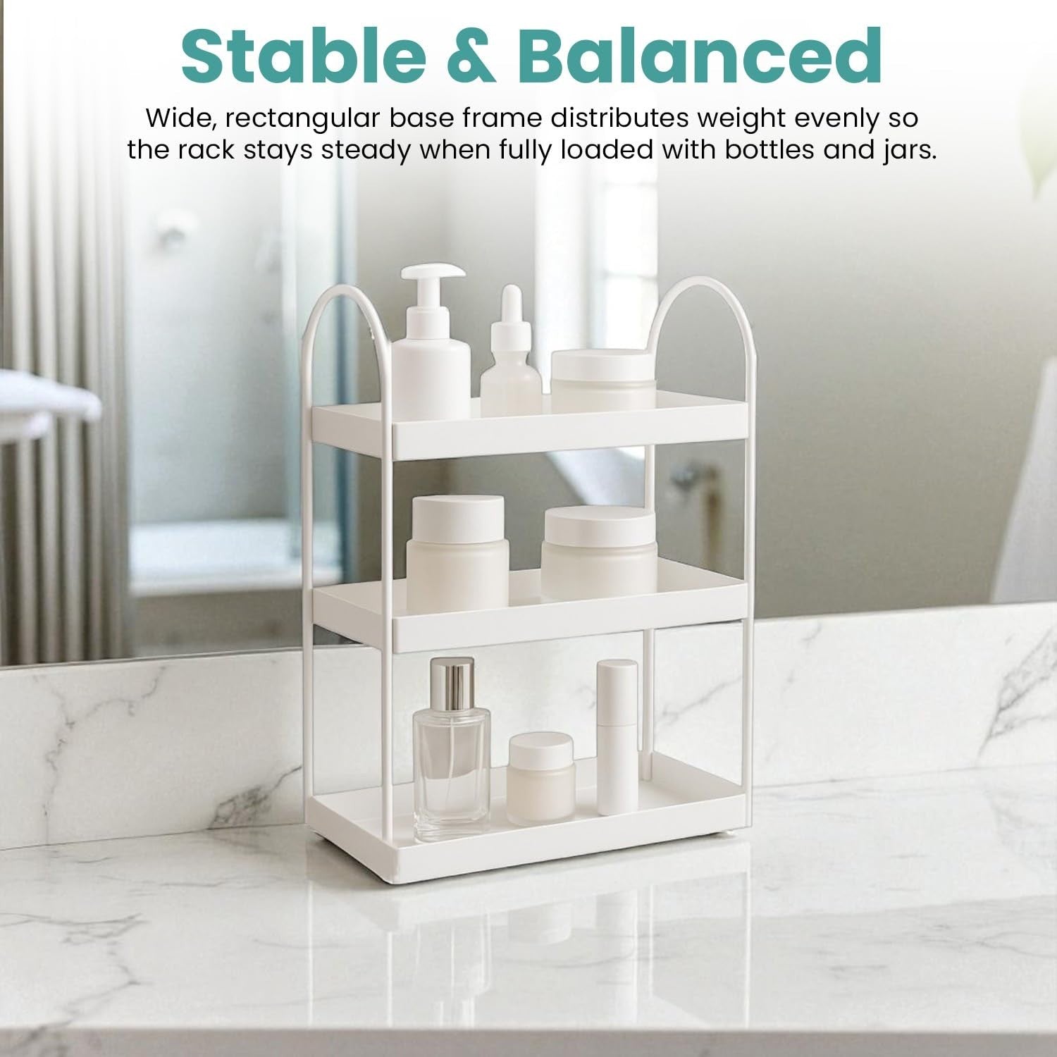GoHooked white 3-tier curved metal vanity organizer rack holding skincare bottles and jars on a marble countertop.