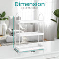 GoHooked white 3-tier curved metal vanity organizer rack for countertop storage. Powder coated iron.