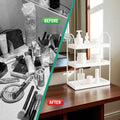 GoHooked white 3-tier curved metal vanity organizer holding skincare and makeup bottles on a wooden dresser.