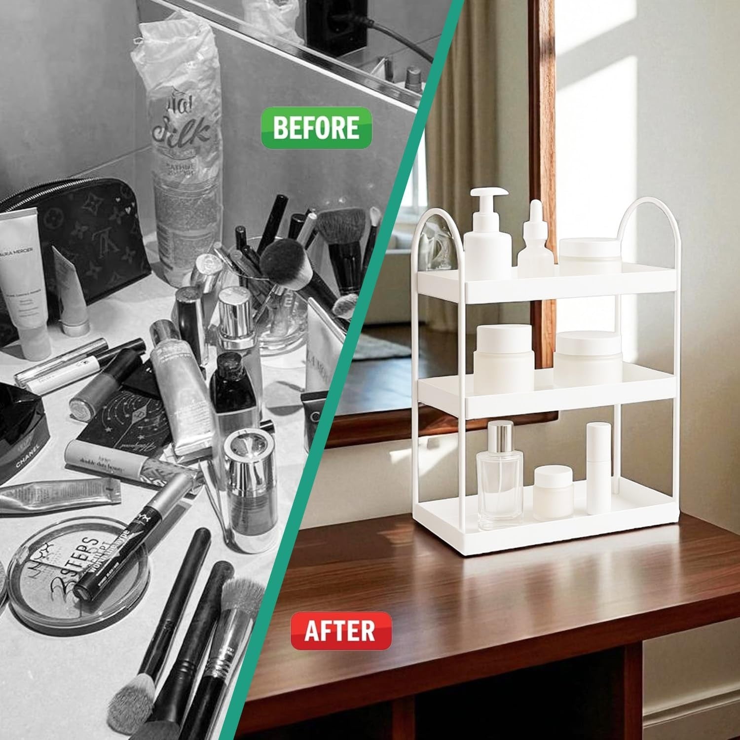 GoHooked white 3-tier curved metal vanity organizer holding skincare and makeup bottles on a wooden dresser.