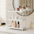 GoHooked white 3-tier curved metal vanity organizer with makeup, skincare, and perfume bottles.