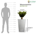 Go Hooked white 30-inch tall Matrix polymer flower pot with a speckled finish, shown next to a silhouette for scale.