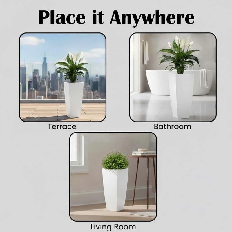 GoHooked white 30-inch tall Matrix planter pot for indoor/outdoor use. Durable polymer, lightweight, with drainage.