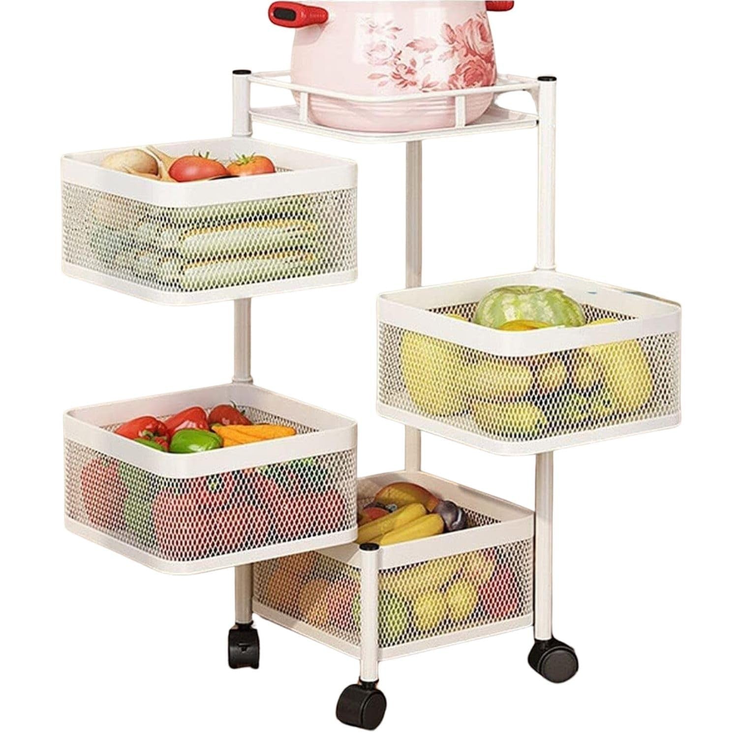 GoHooked white 4-tier rotating metal mesh storage cart with wheels, perfect for fruits, vegetables, and kitchen organization.