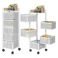 Go Hooked white 5-layer rotating storage trolley with perforated drawers and wheels, ideal for kitchen organization.