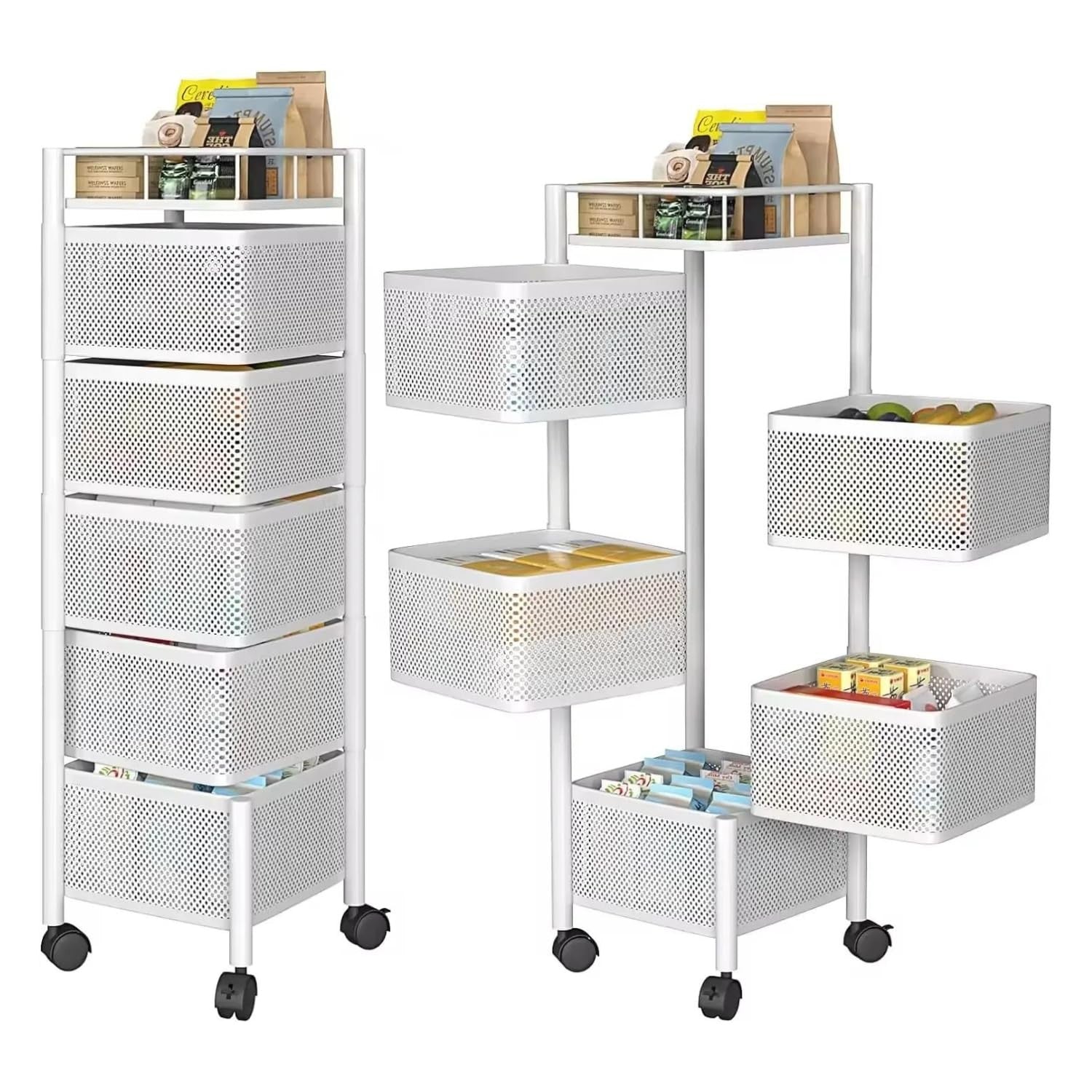 Go Hooked white 5-layer rotating storage trolley with perforated drawers and wheels, ideal for kitchen organization.