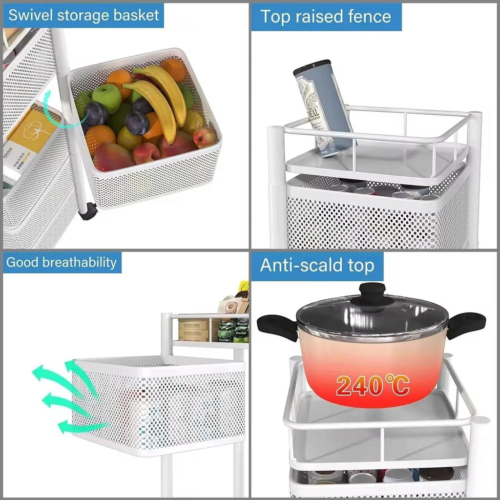 Go Hooked white 5-layer metal storage trolley with swivel baskets for fruits, vegetables, and kitchen essentials.