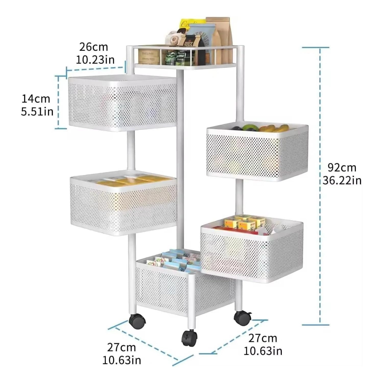 GoHooked white 5-layer rotating storage trolley with perforated baskets, ideal for kitchen or bathroom organization.