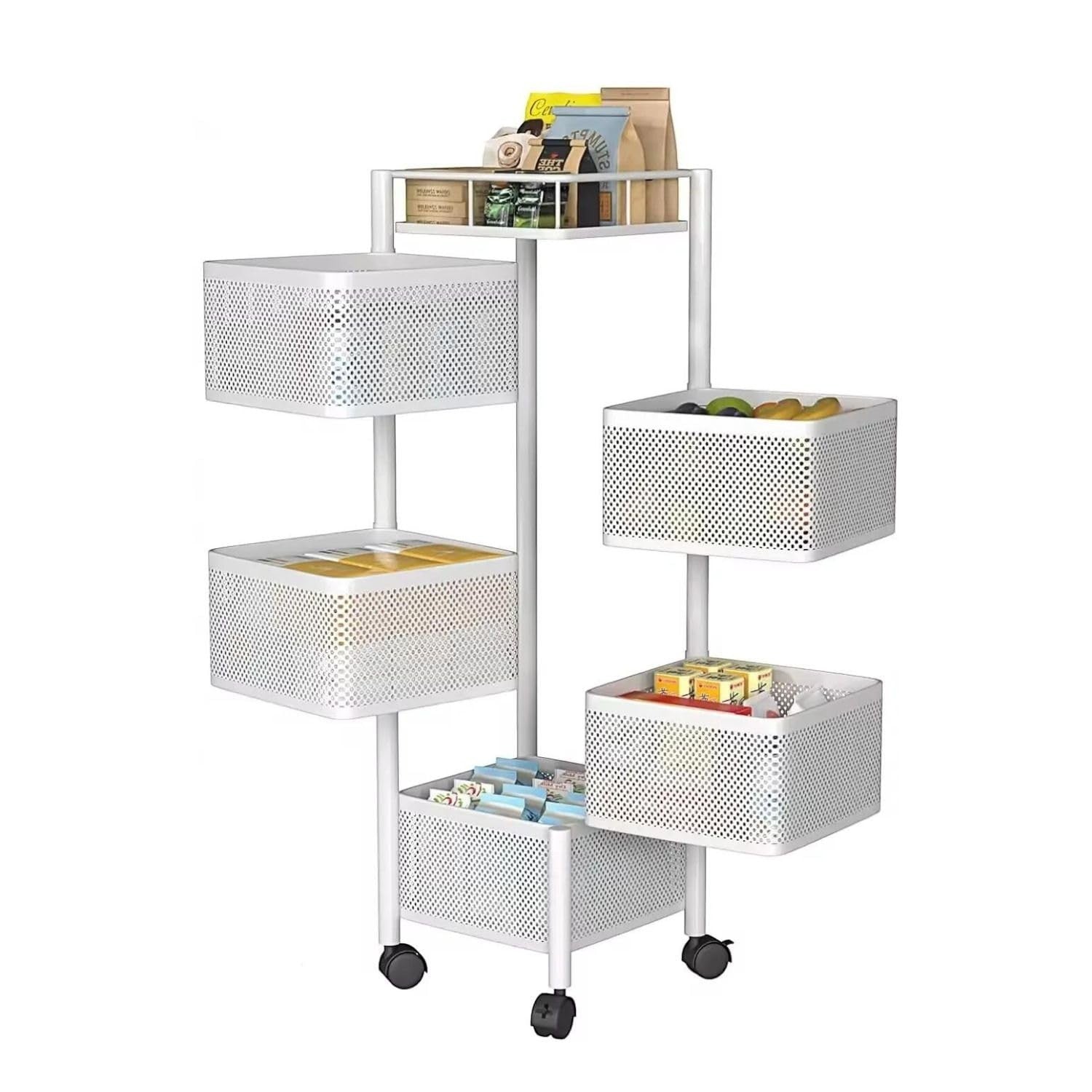 Go Hooked white 5-layer rotating storage trolley with square perforated baskets for kitchen organization, fruits, vegetables, and pantry items.