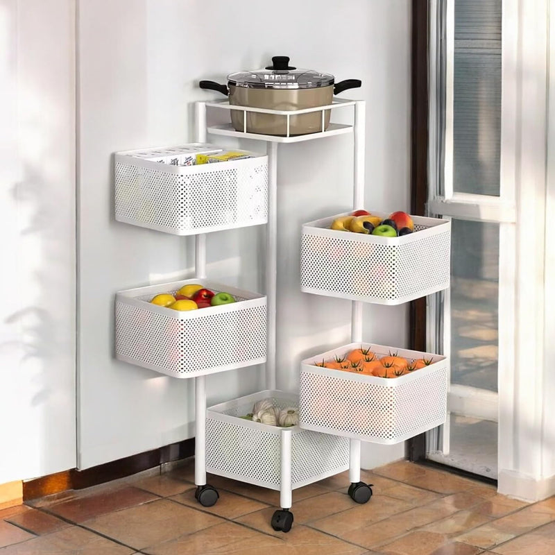 Go Hooked white 5-tier rotating storage trolley with perforated baskets holding fruits, vegetables, and a pot.