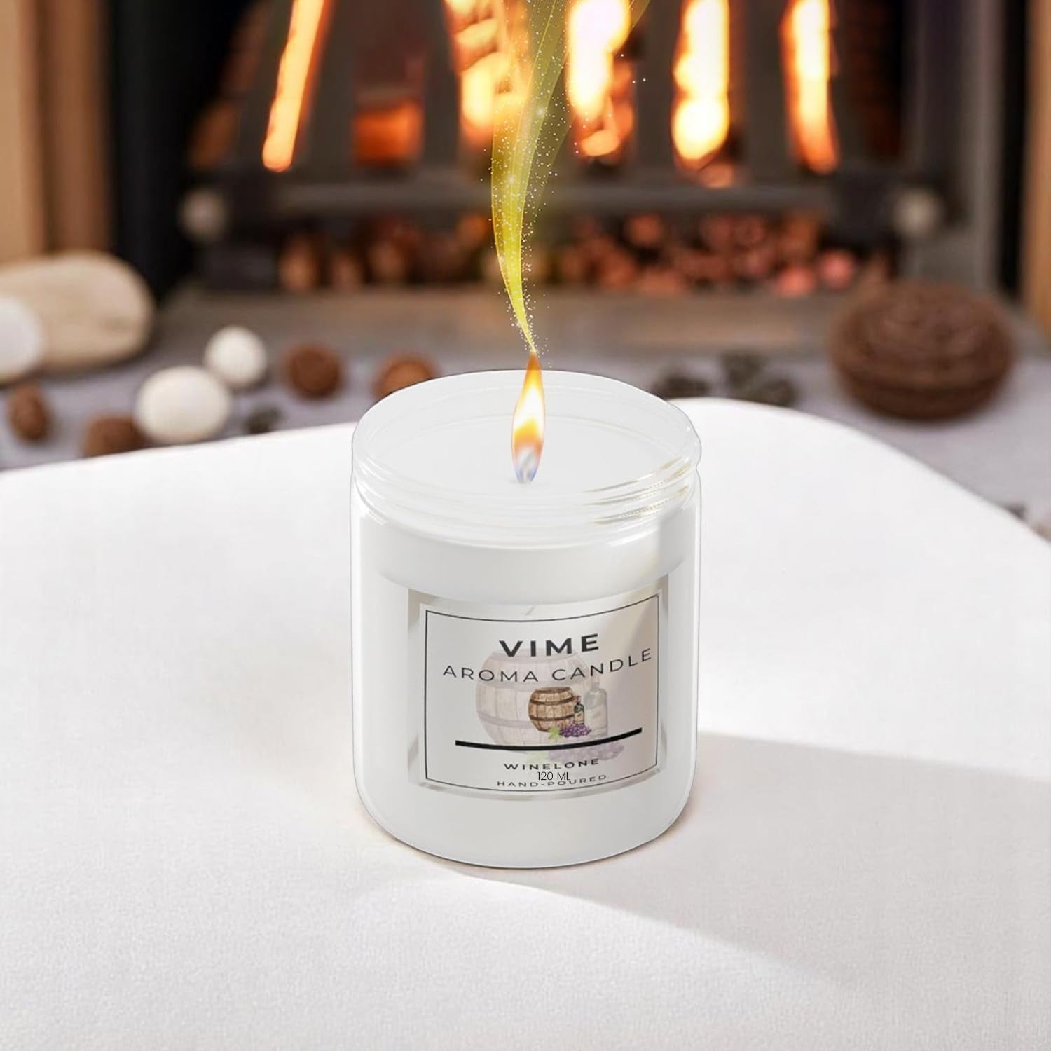 GoHooked white aroma candle in a glass jar with a lit wick, featuring a label with a wine barrel and grapes. Ideal for home decor and aromatherapy.