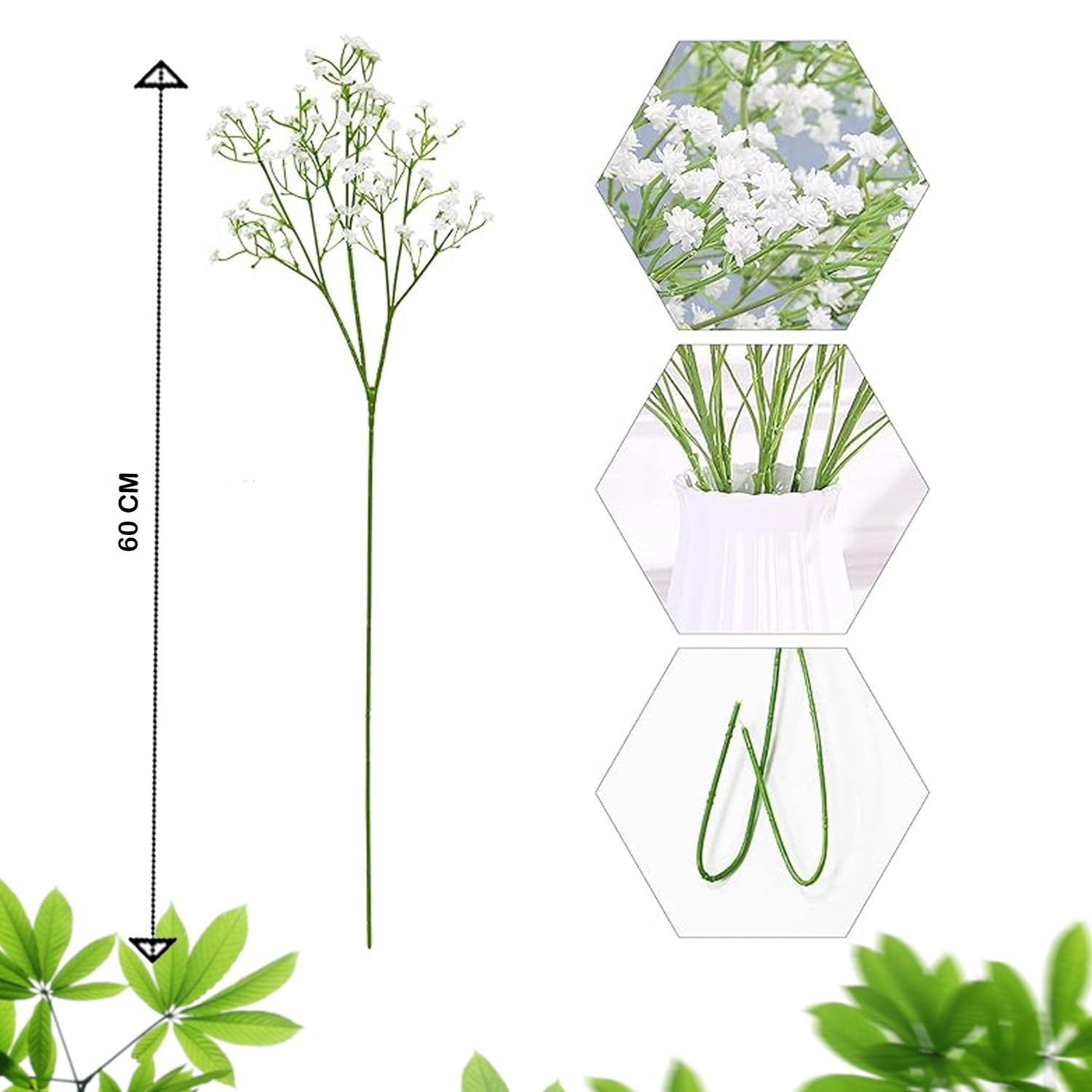 GoHooked white artificial baby's breath flowers, 60cm tall, with soft rubber flower heads and flexible plastic stems for floral arrangements.