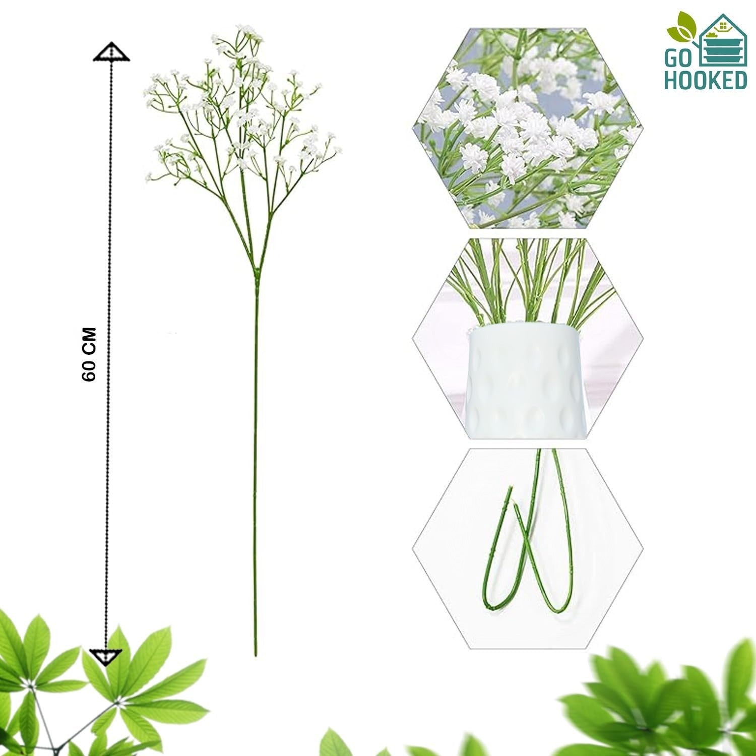 GoHooked white artificial baby's breath flowers, 60cm tall, with realistic rubber flower heads and flexible plastic stems for floral arrangements.