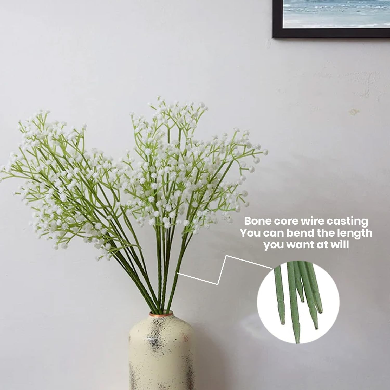 GoHooked white artificial baby's breath flowers with flexible stems in a decorative vase. Realistic rubber flower heads and plastic stems.