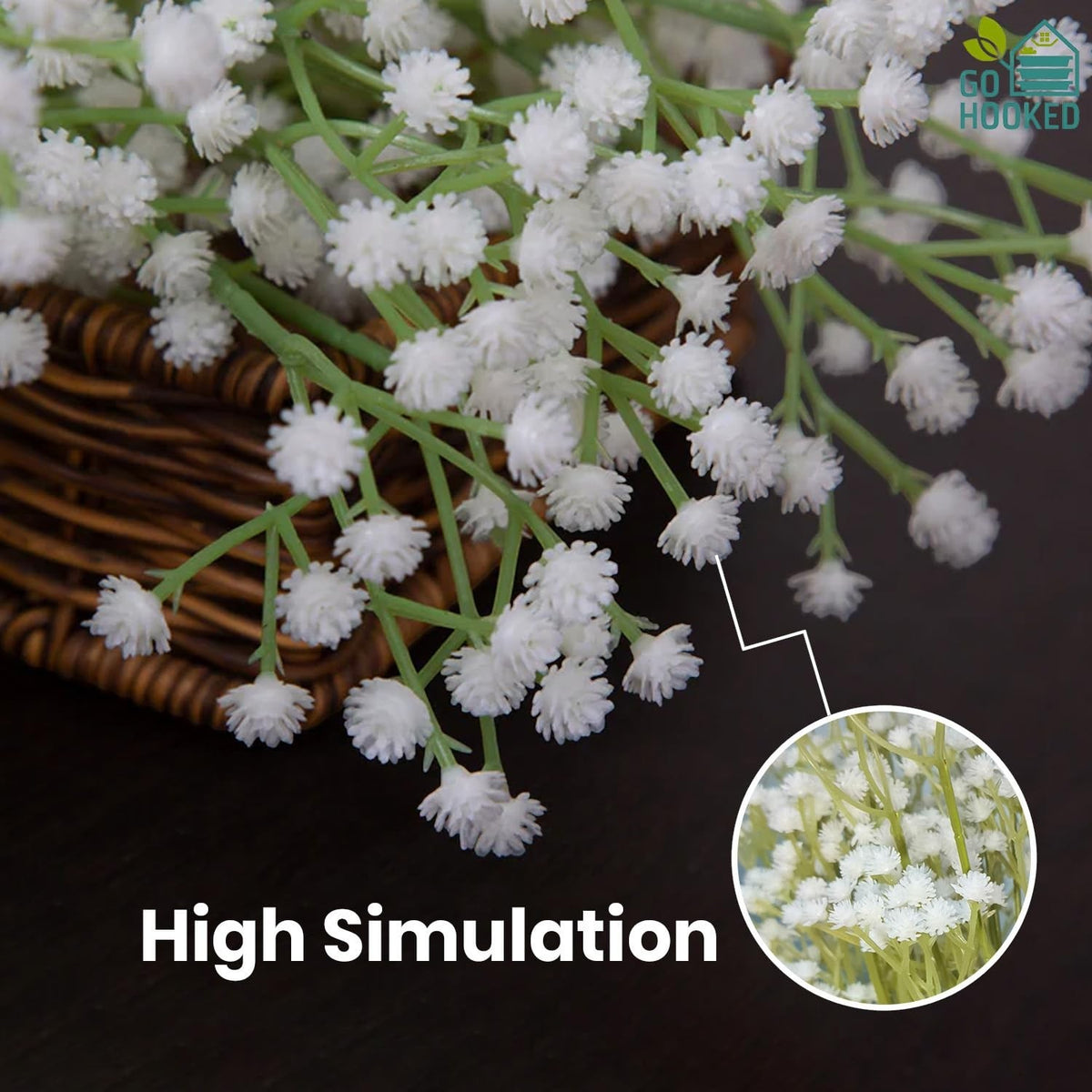 GoHooked 5Pcs White artificial baby's breath flowers with realistic rubber flower heads and plastic stems, perfect for floral arrangements.