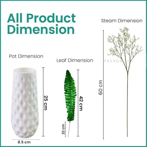 Go Hooked white artificial baby's breath flowers with vase, made of soft rubber and plastic, 60 cm stem length.