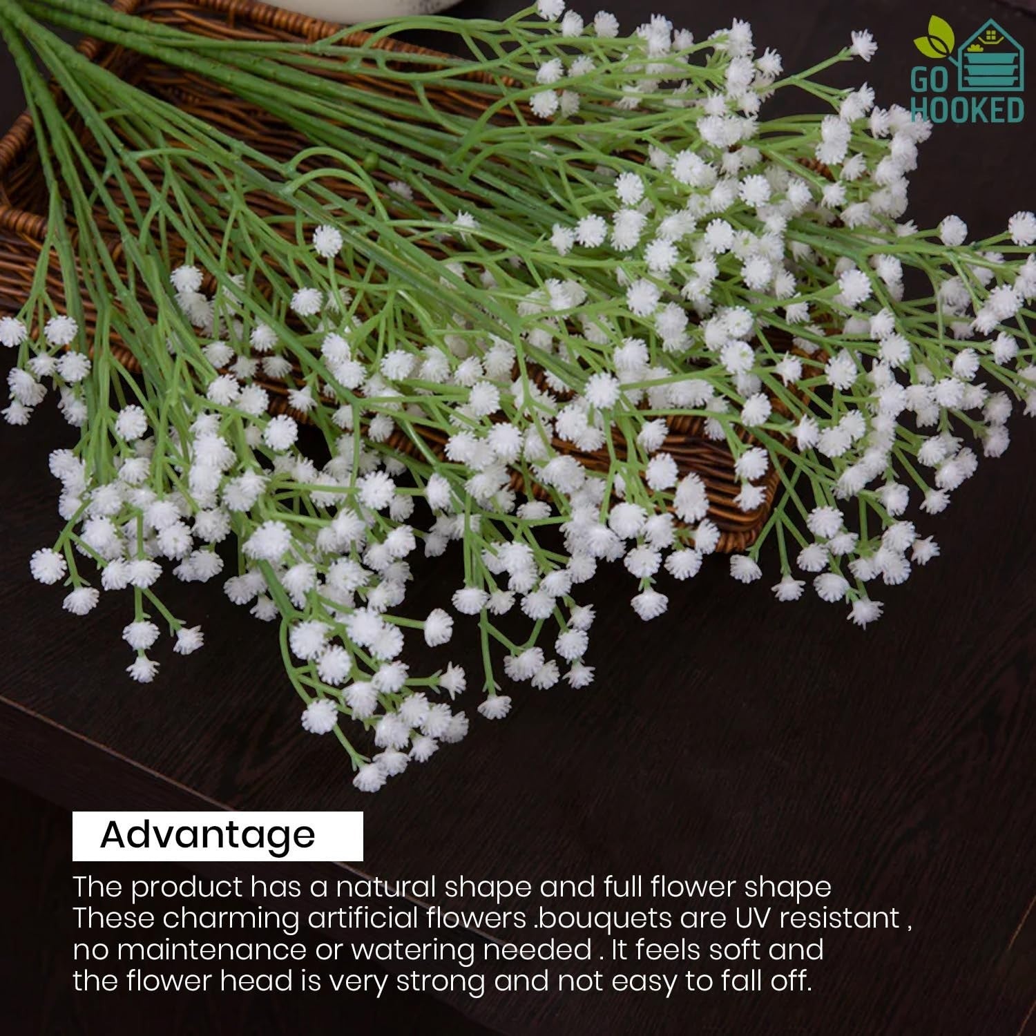 Go Hooked white artificial baby's breath flowers with flexible stems, perfect for bouquets and arrangements.