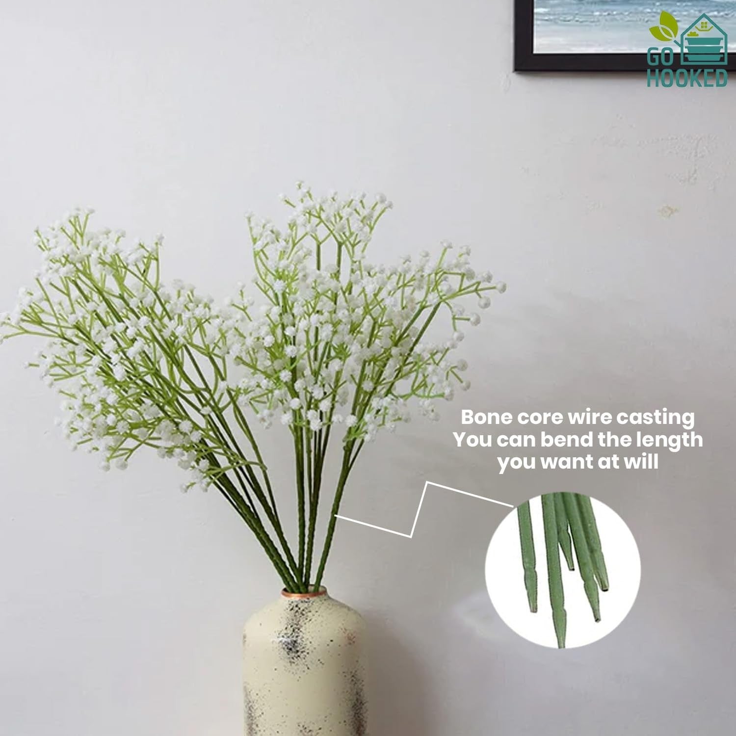 GoHooked white artificial baby's breath flowers with flexible stems, made of soft rubber and plastic, perfect for floral arrangements.
