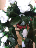GoHooked white artificial rose and orchid flower bunch with green leaves, made of silk and plastic.