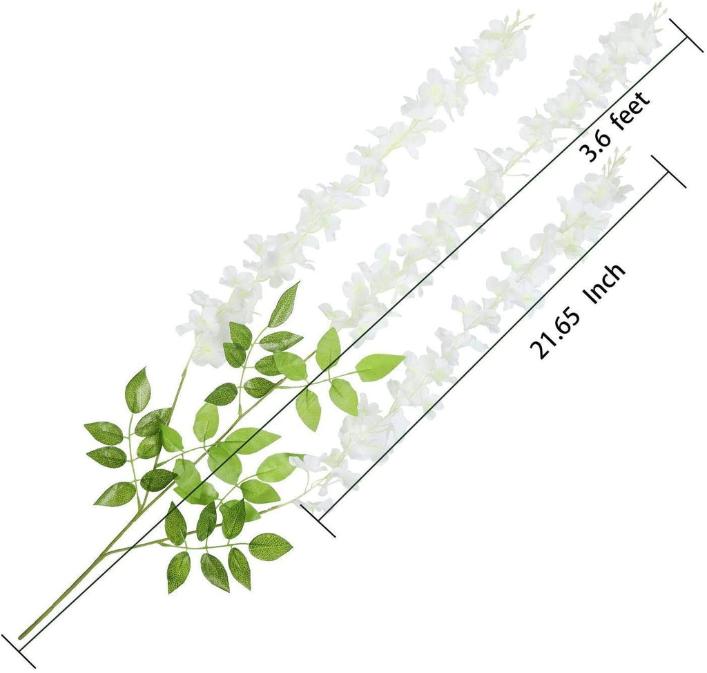 GoHooked 9 pack white artificial wisteria vines with green leaves, 3.6 ft long, silk petals and plastic stems.