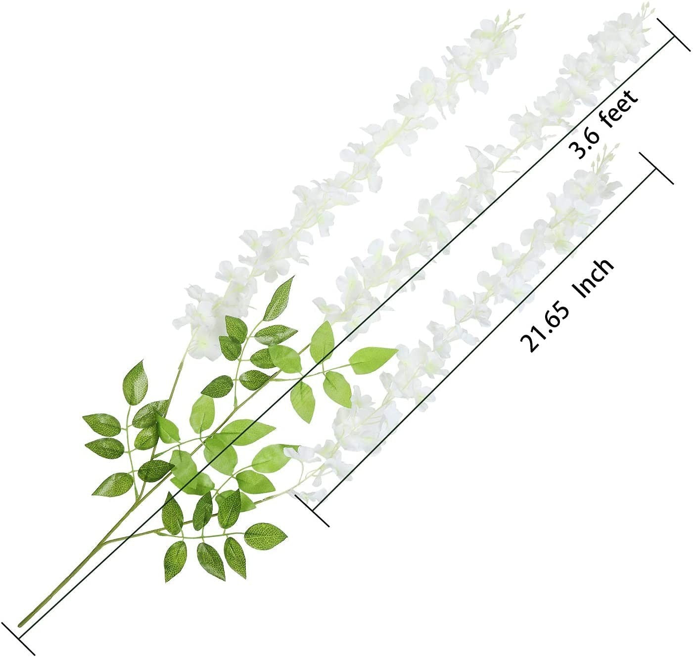 GoHooked white artificial wisteria vine with silk flowers and green leaves, 3.6 feet long.