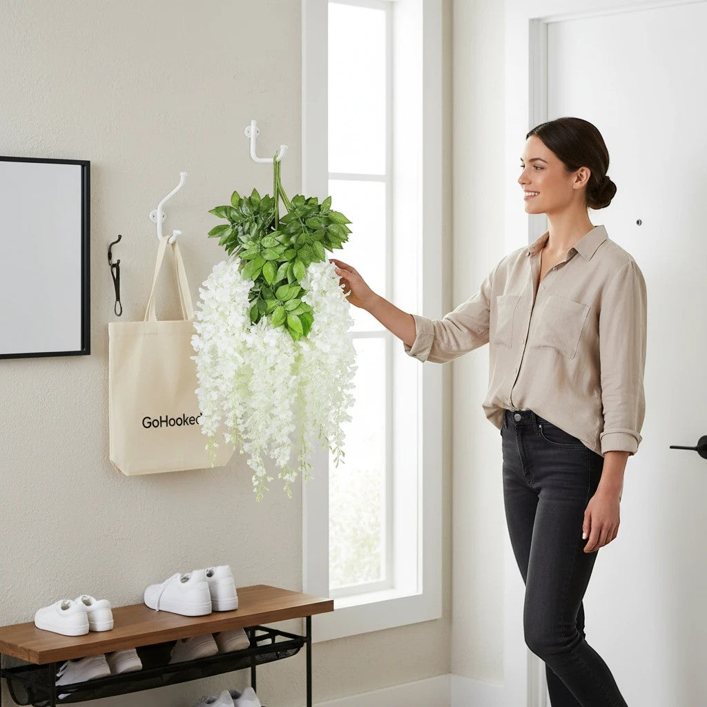 GoHooked white artificial polyester wisteria vines with green leaves, 3.6 ft each, pack of 9, for home and wedding decor.