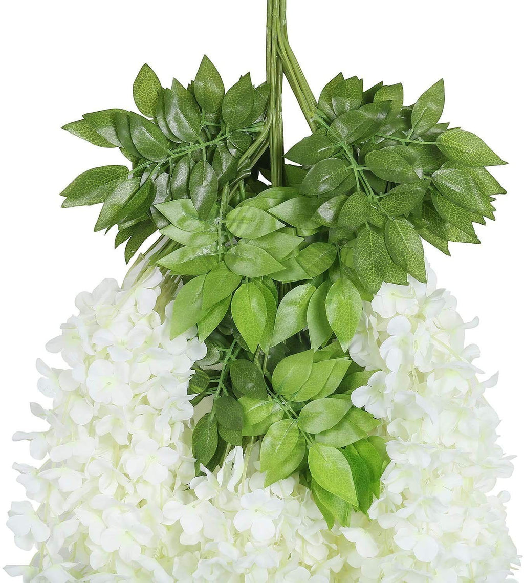 GoHooked 9 Pcs White Artificial Polyester Wisteria Vines with green leaves, 3.6 ft each, for home and wedding decor.