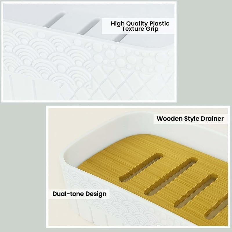 GoHooked white textured square bathroom accessories set with wooden style drainer soap dish and high quality plastic texture grip