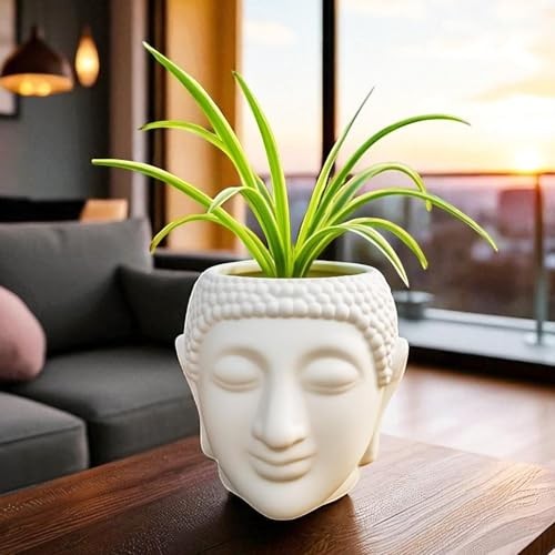 GoHooked white plastic Buddha head planter, perfect for home decor, office, or washroom.