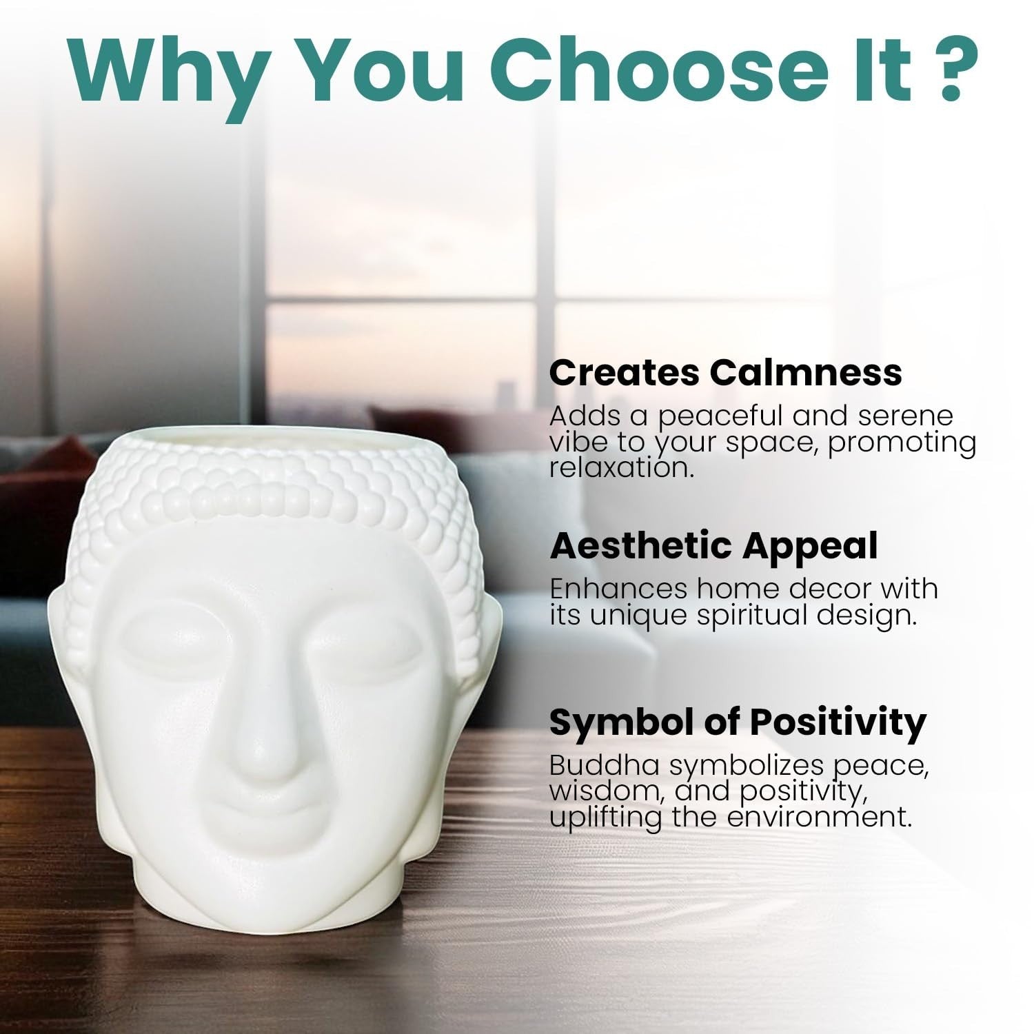 GoHooked white plastic Buddha head planter pot, ideal for home decor, office, or garden.