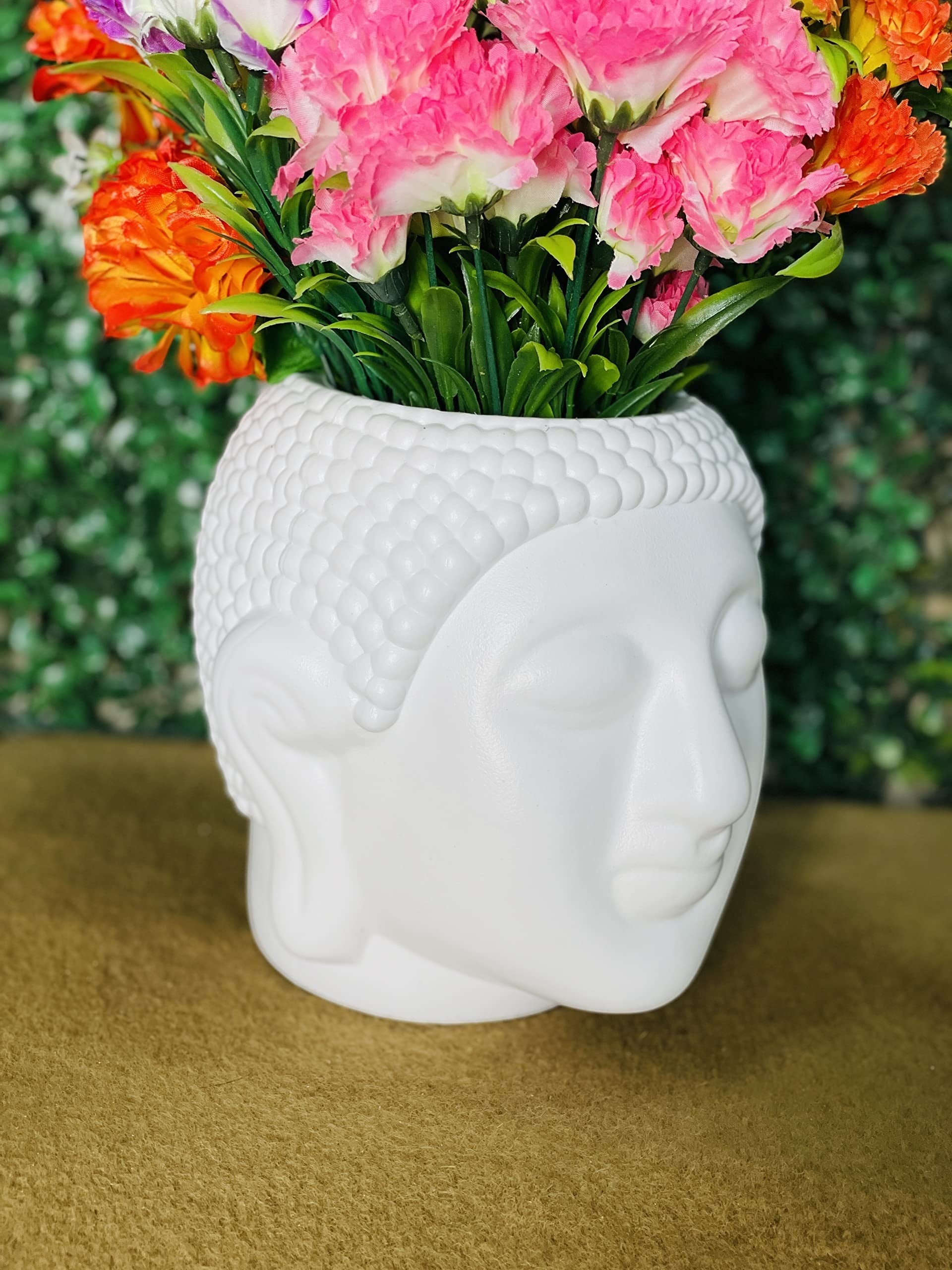 GoHooked white Buddha head shaped plastic planter pot for home decor, office, or washroom. Set of 2.