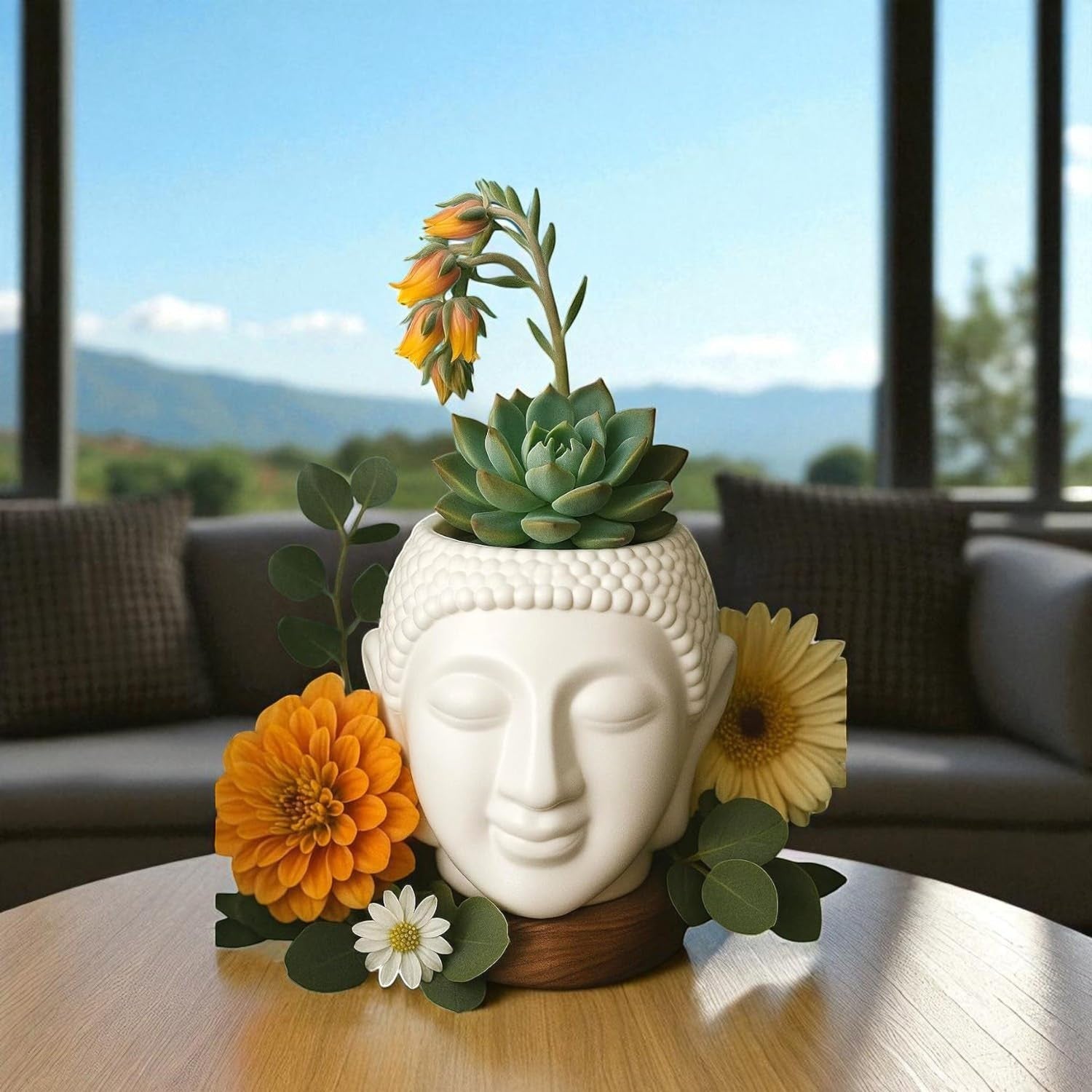 GoHooked white Buddha head planter with succulent and flowers, ceramic, for home decor