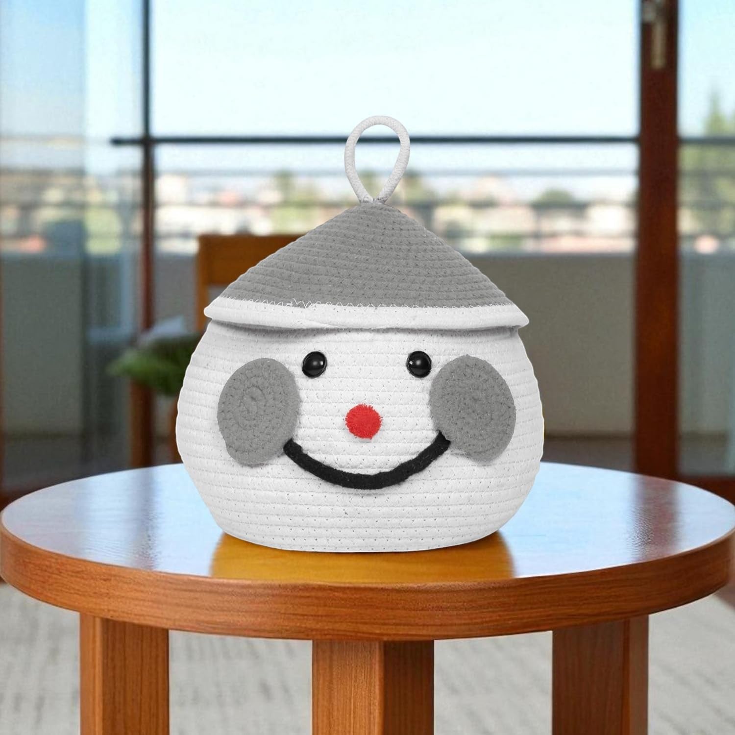 GoHooked white cotton rope storage basket with grey lid and cute animal face detail, perfect for kids' toys and nursery organization.