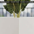 GoHooked 10-inch white cube planter made of UV-resistant polymer with a large plant inside.