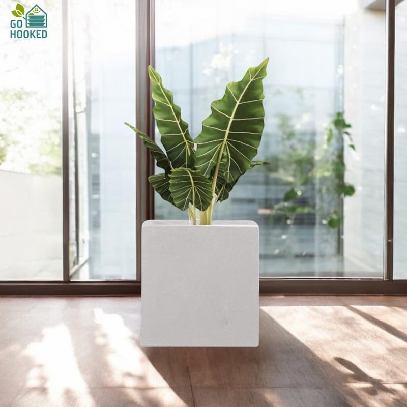 GoHooked 15-inch white polymer cube planter with a large green plant, perfect for indoor/outdoor decor.