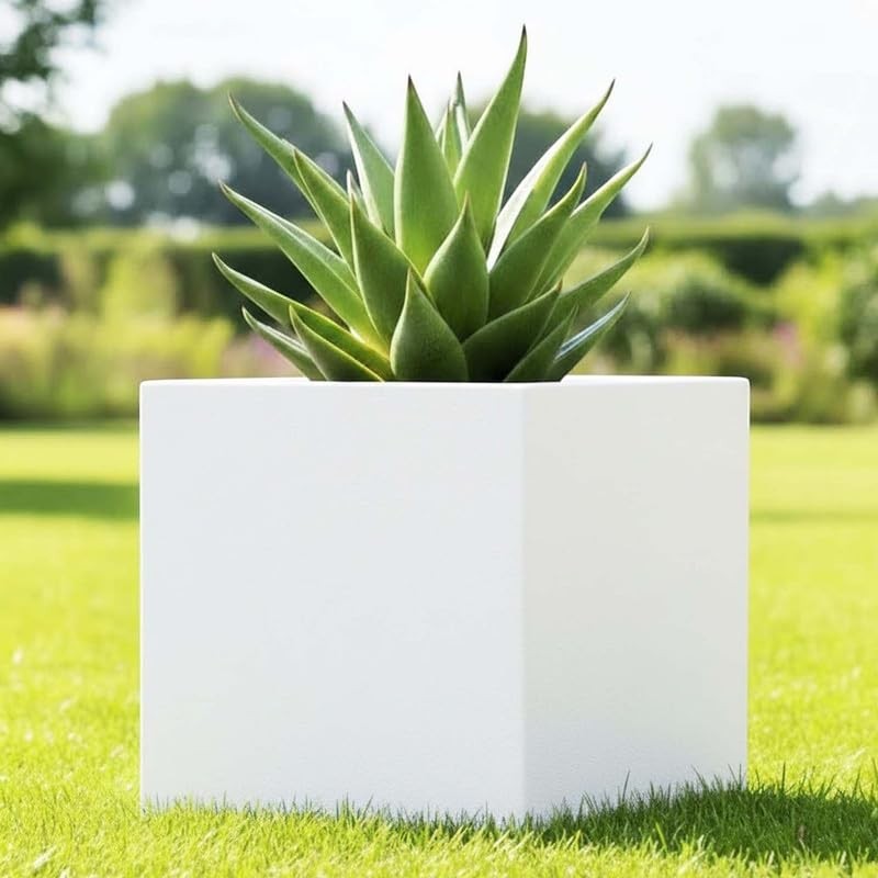 GoHooked 15-inch white cube planter made of durable, UV-resistant polymer with a modern design and drainage hole.