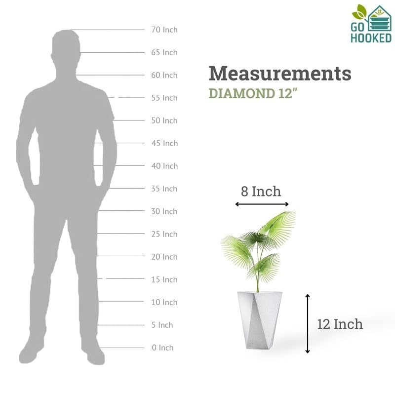 GoHooked 12-inch white diamond planter with geometric design, shown with a plant and scale reference.