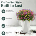GoHooked white diamond planter with colorful artificial flowers, UV protected and unbreakable.