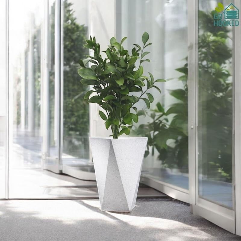 GoHooked white diamond planter with geometric facets, 12-inch, modern indoor decor for home or office.