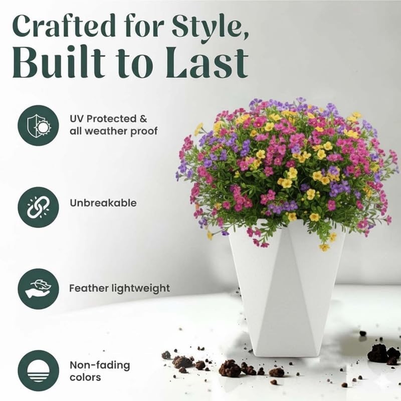 GoHooked white diamond-textured polymer planter pot with colorful flowers. Lightweight, durable, UV-resistant.