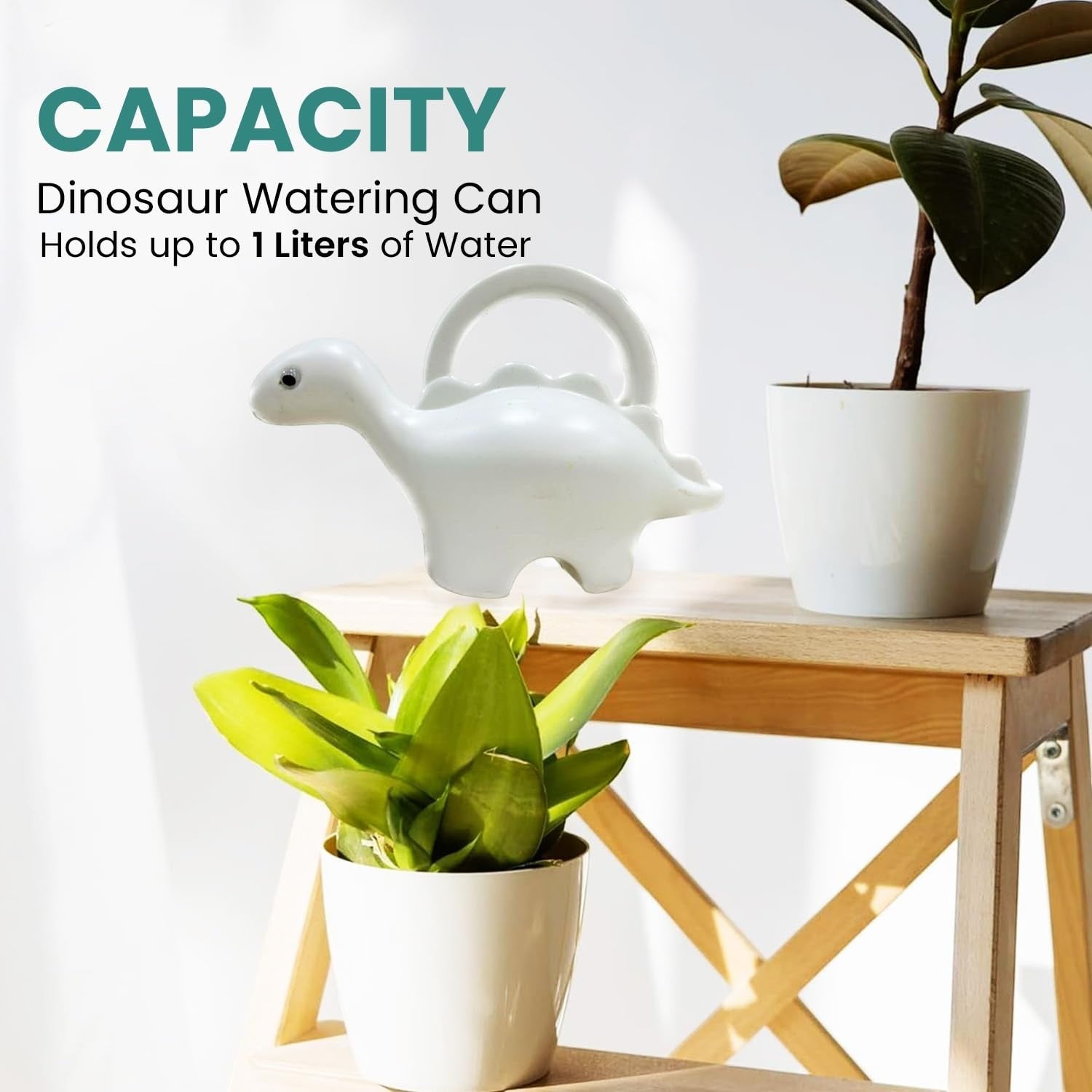 GoHooked white plastic dinosaur watering can, 1 liter capacity, for kids and house plants.