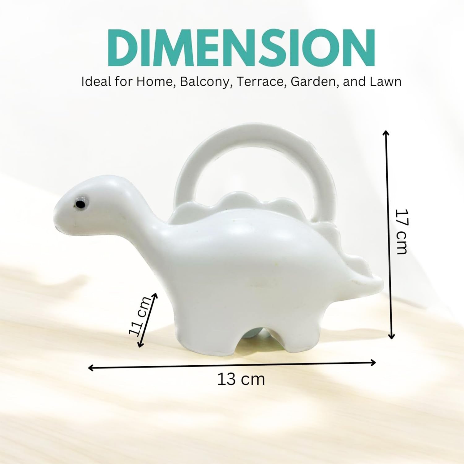 GoHooked white plastic dinosaur watering can, 1 liter capacity, ideal for kids and house plants.
