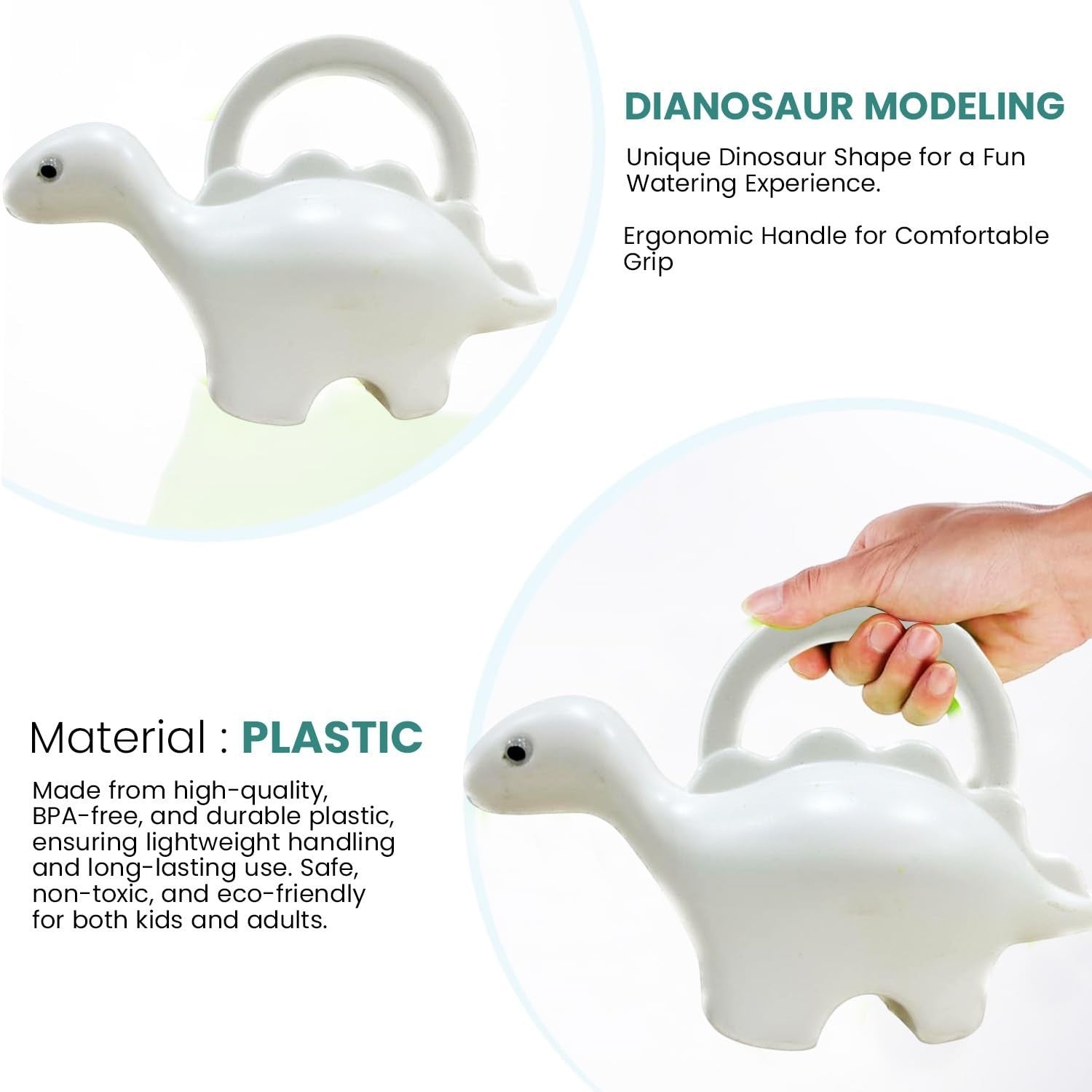 GoHooked white plastic dinosaur watering can, 1 liter capacity, fun dino shape, ergonomic handle for kids and adults.