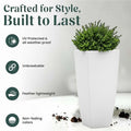 GoHooked white 18-inch tall square polymer planter with a small green plant. Features UV protected, unbreakable, lightweight, and non-fading.