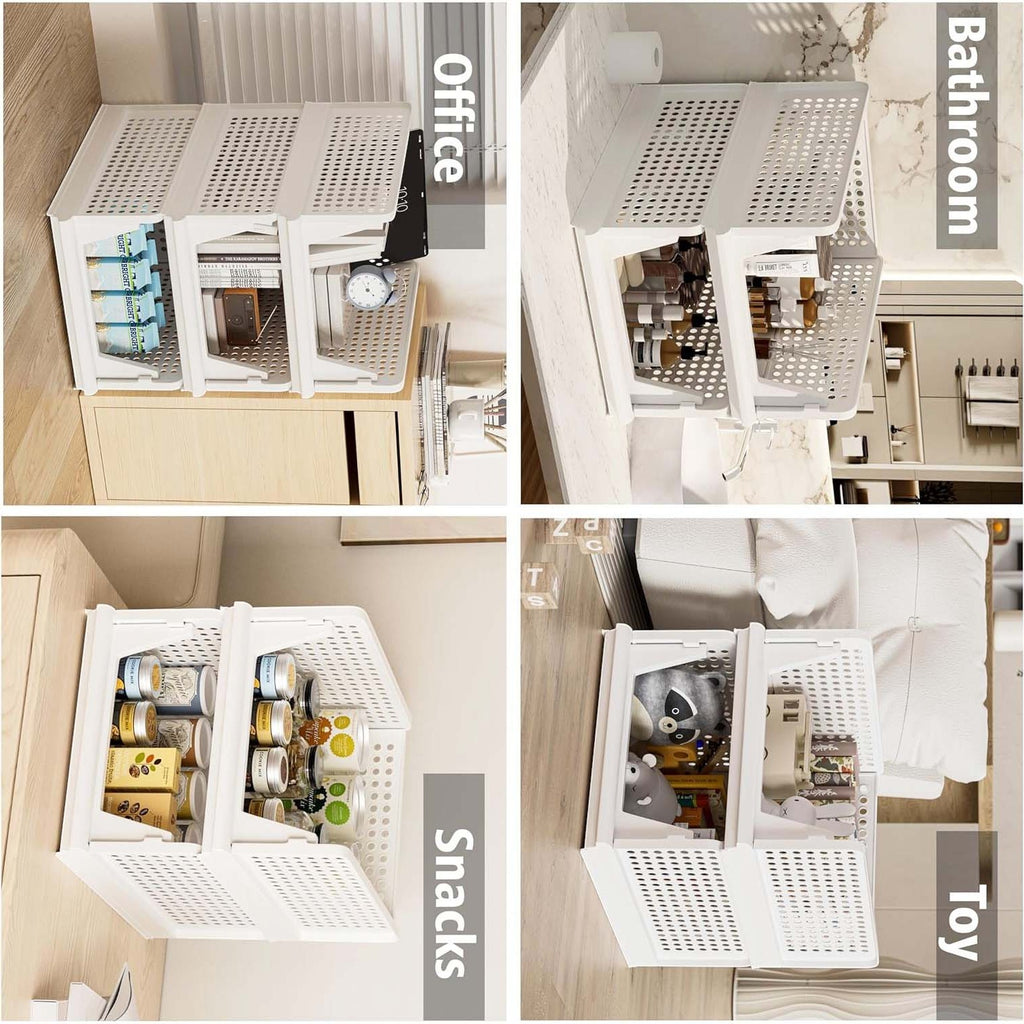 GoHooked white foldable plastic wardrobe organizers stacked in various home settings for storage and organization.