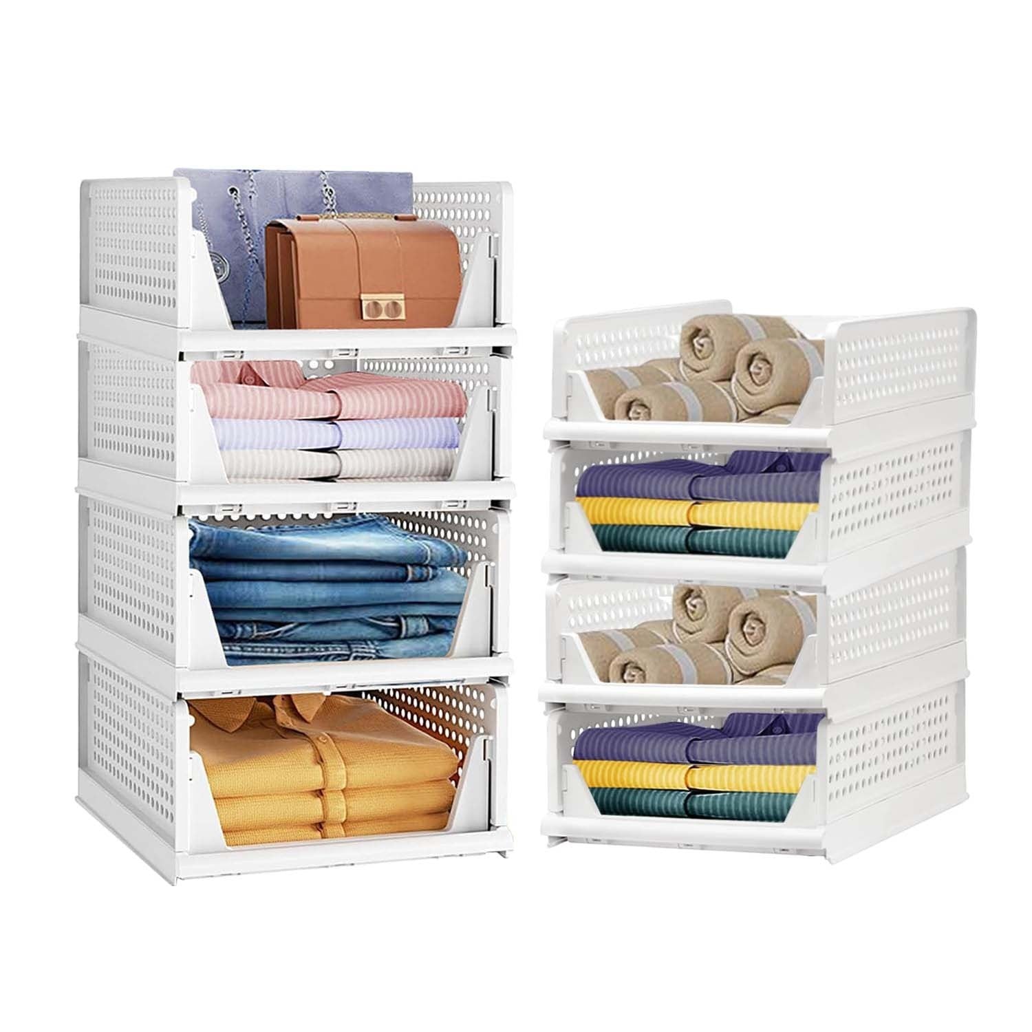 GoHooked white foldable plastic wardrobe organizers with drawer-style pull-out design for stackable closet storage.