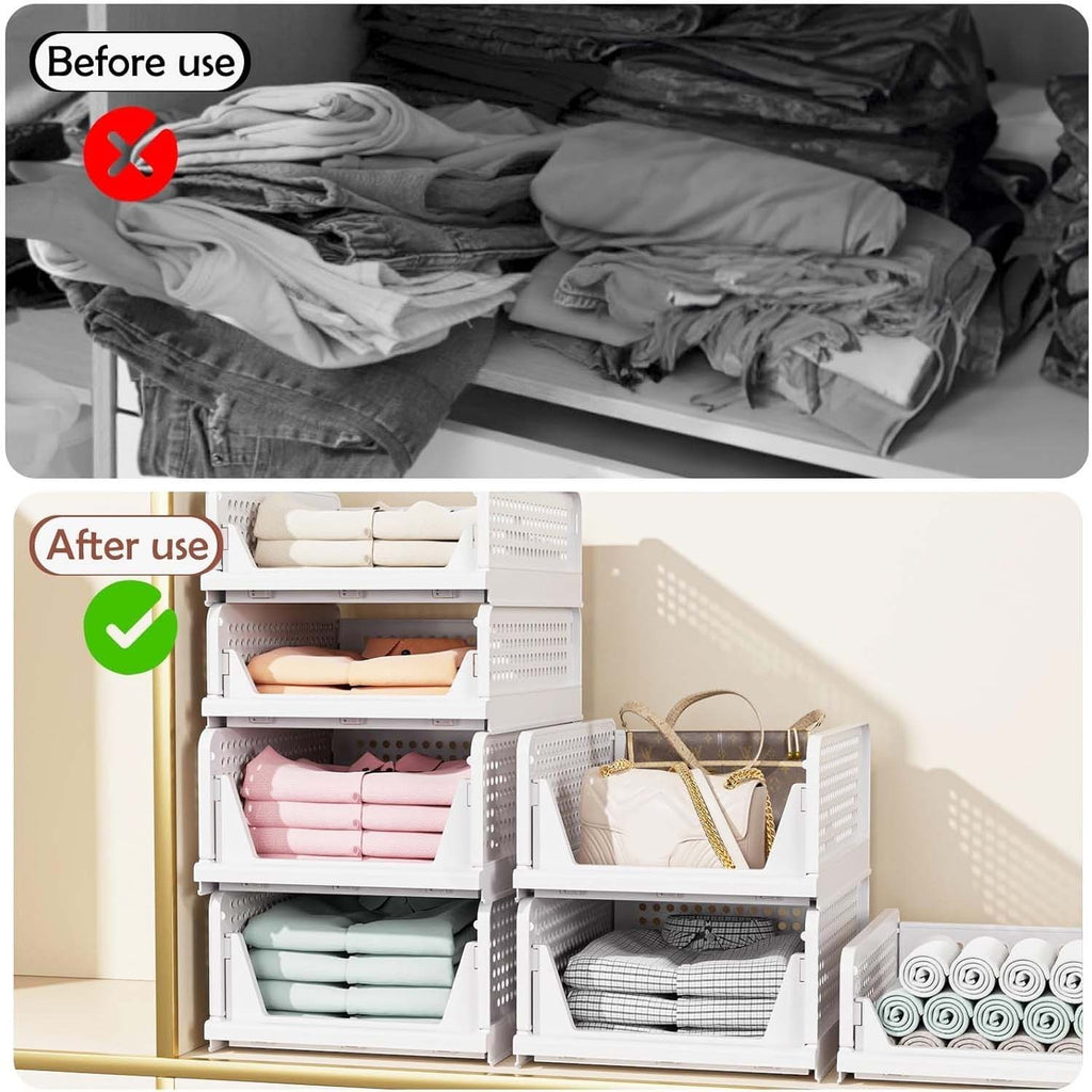 GoHooked white foldable plastic wardrobe organizers stacked in a cupboard to store folded clothes and accessories
