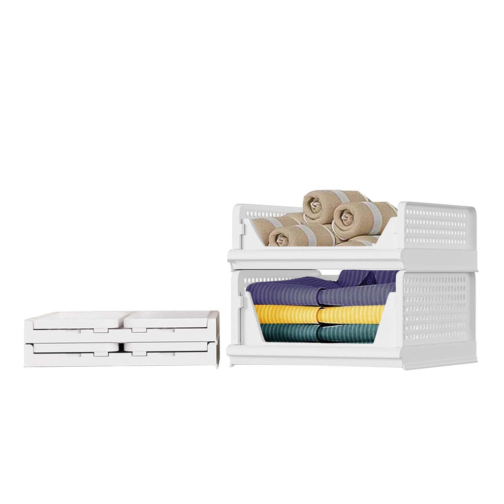 GoHooked white foldable plastic wardrobe organizers with drawer-style pull-out design for stackable closet storage.